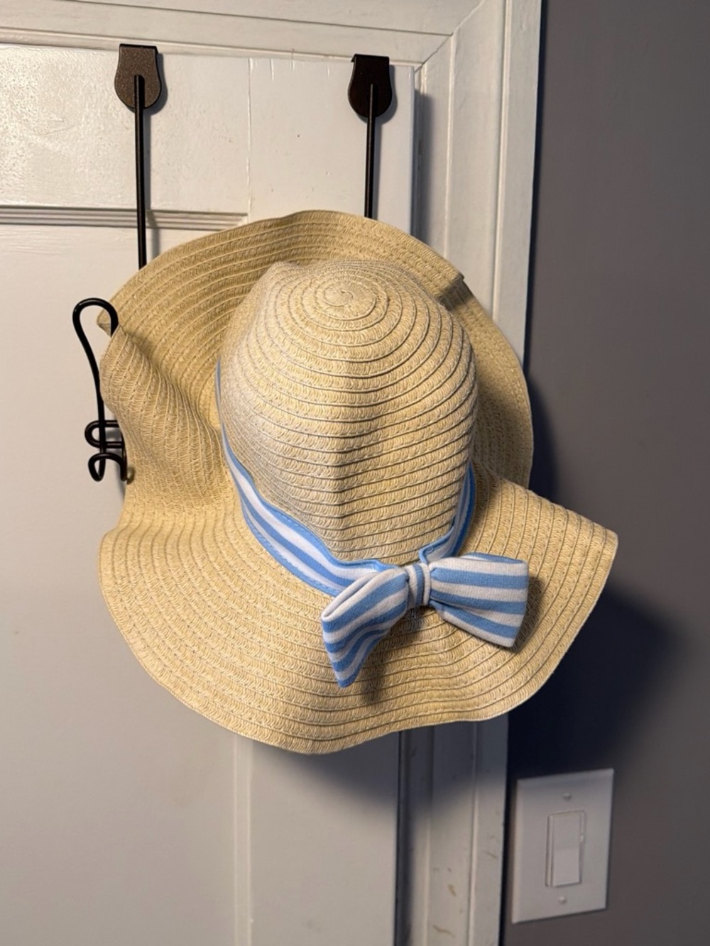 Straw Sun Hat with Blue & White Bow